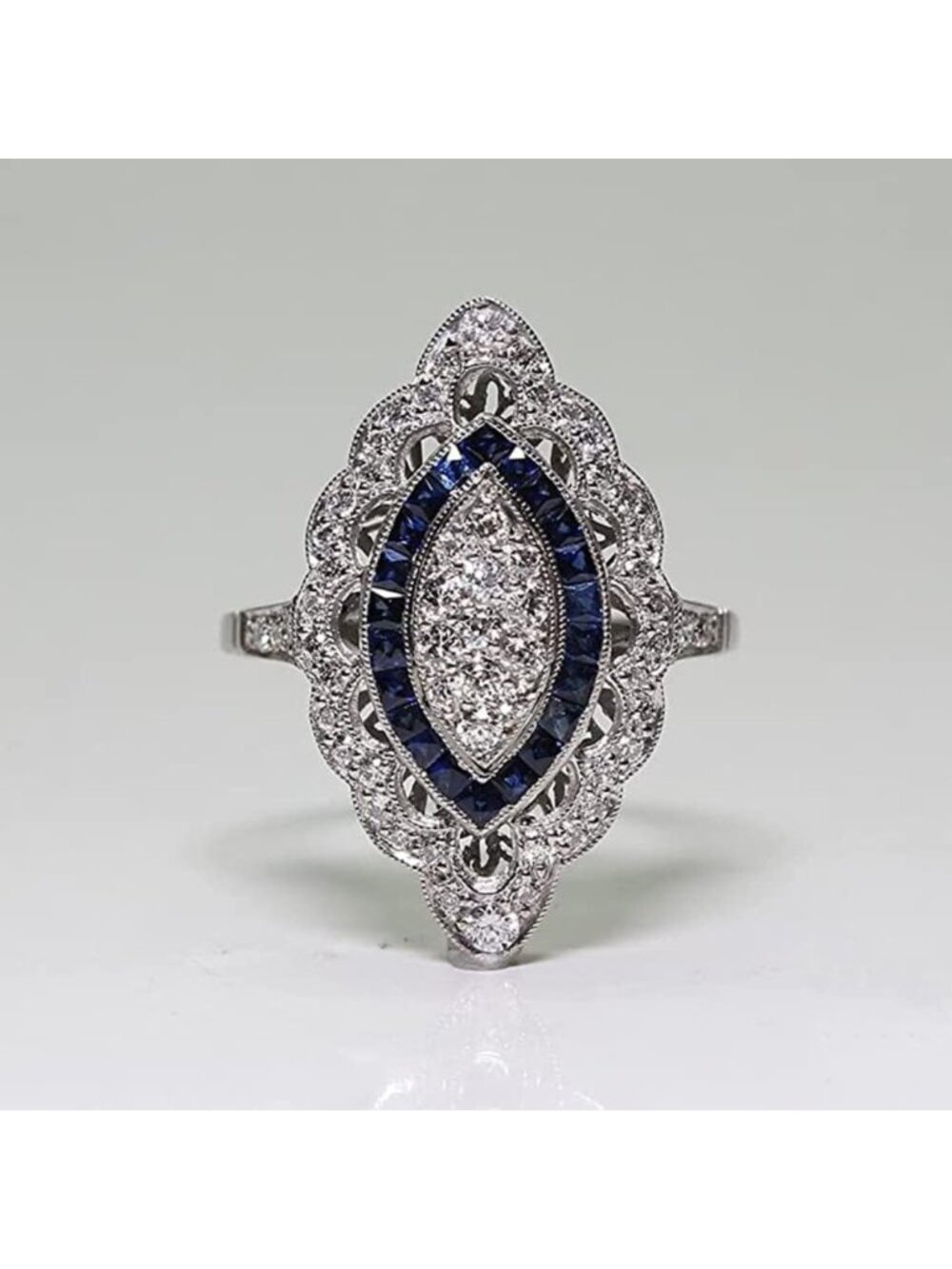 Antique Silver Blue Sapphire CZ Crystal Eye-Shape Ring Band for Women, Size 8